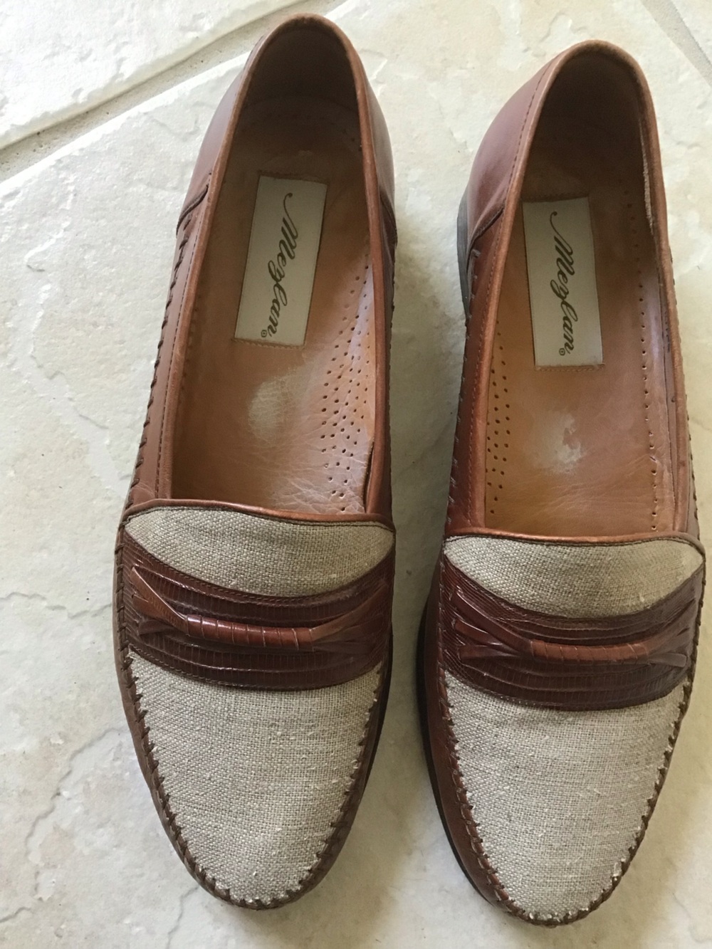 Mezlan Brown Leather and Beige Linen Penny Loafers - Picture 8 of 8